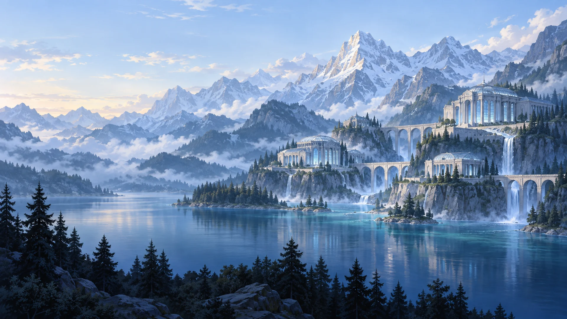 A painted alpine knowledge archive with blue glass halls, stone aqueducts, and waterfalls meeting in a mountain lake