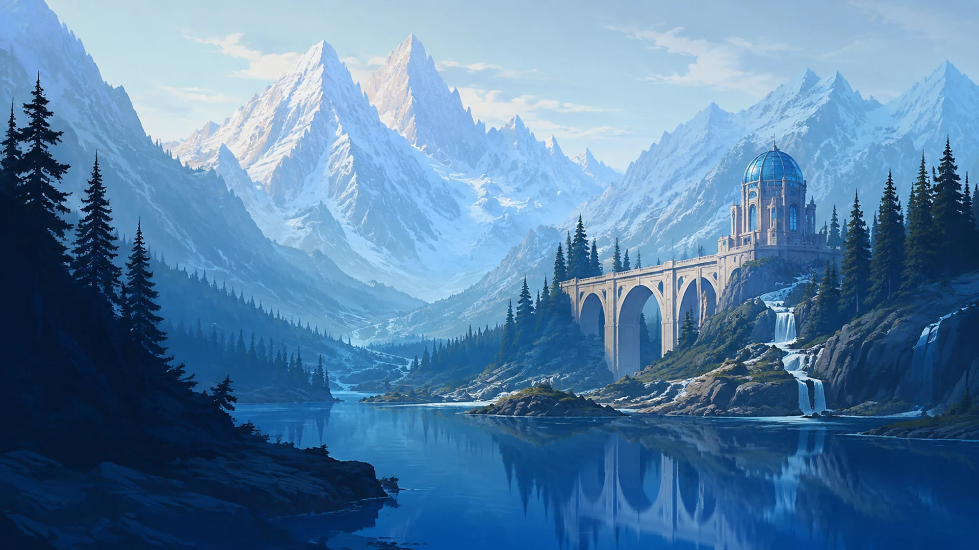 A painted observatory by a quiet blue mountain lake