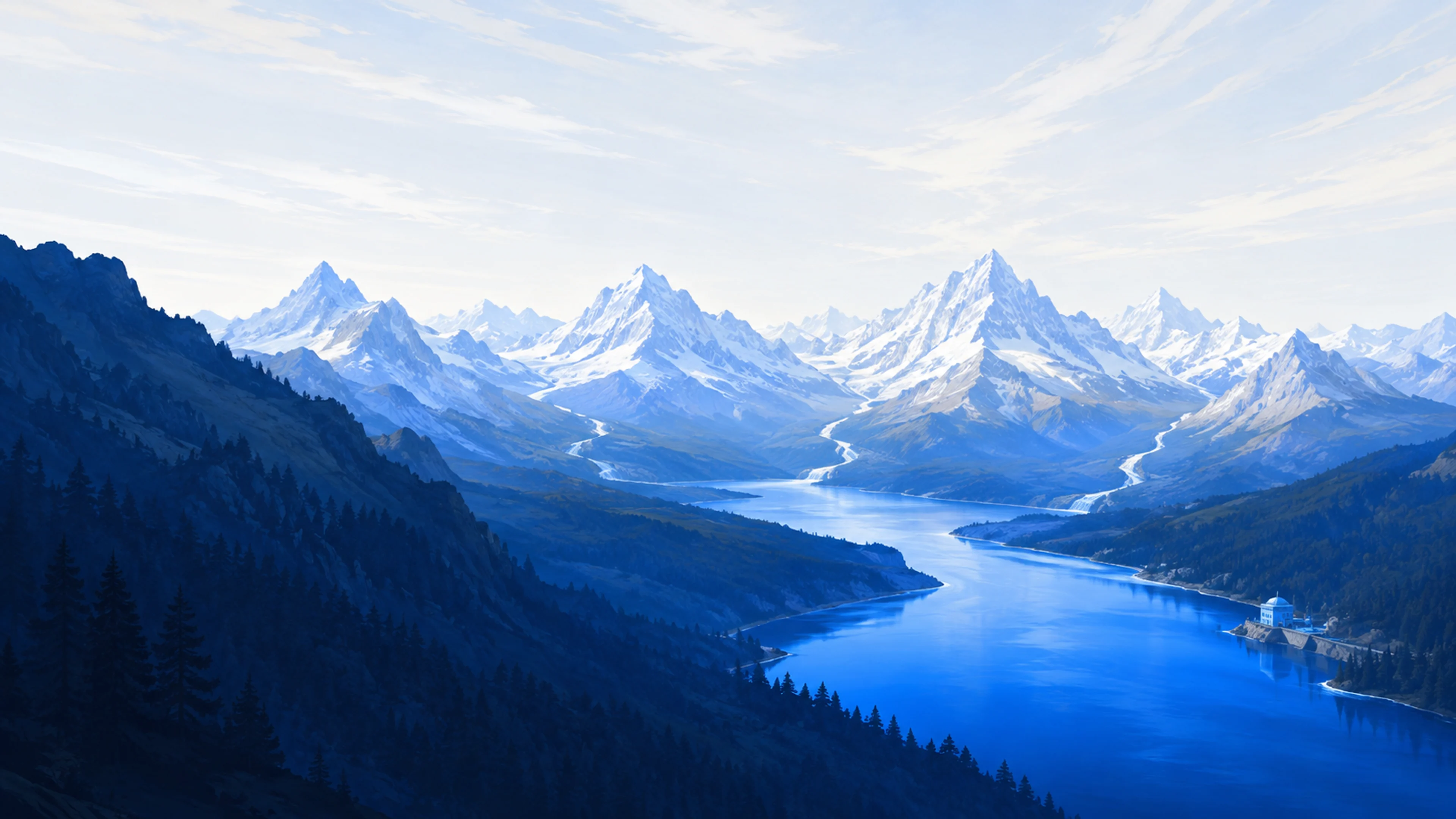 Silver rivers meeting in a blue alpine lake beneath painted mountains.